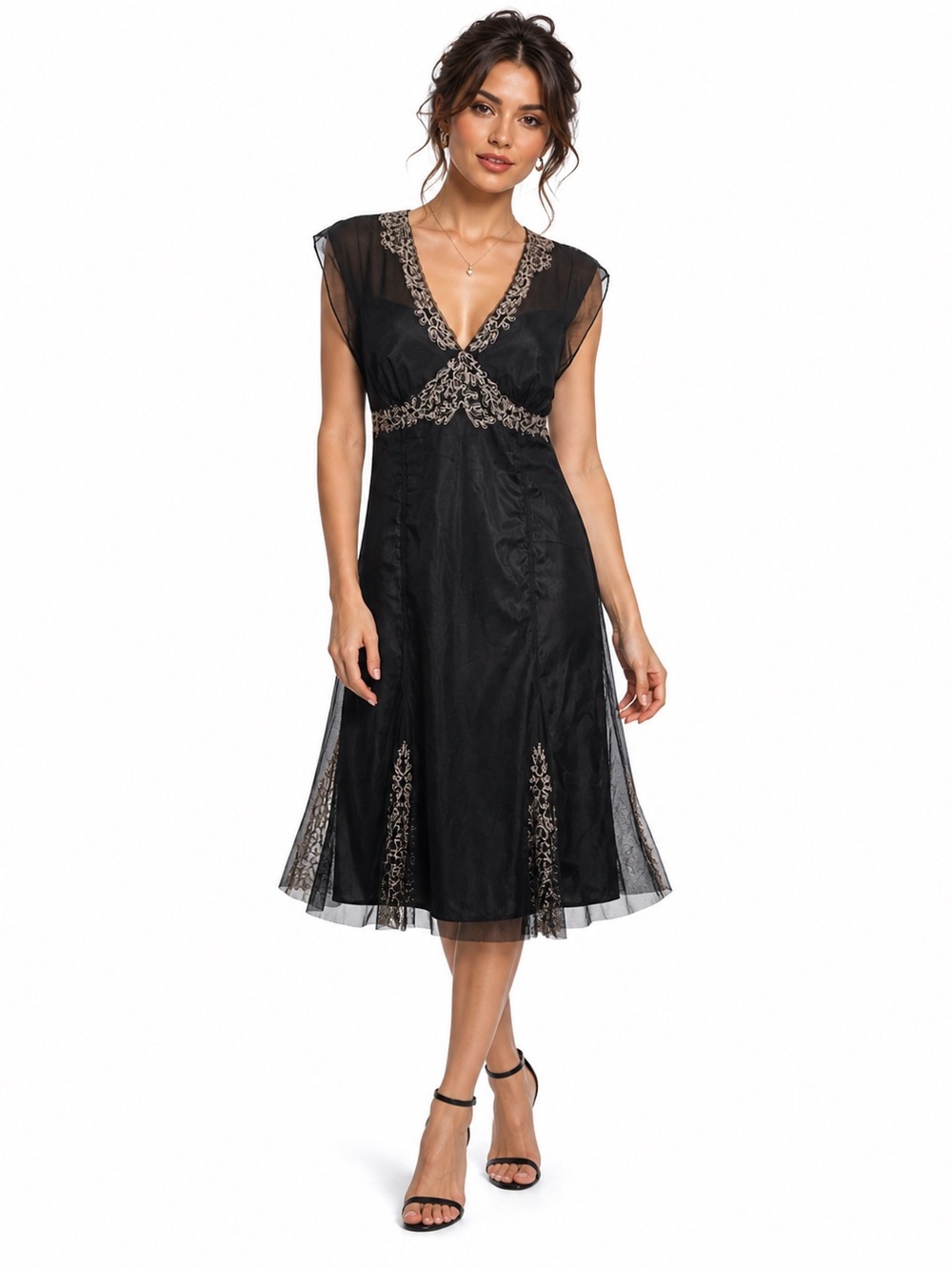 London Times Black Sheer Embroidered Midi Dress 6 Mesh Gothic Romantic Fairycore